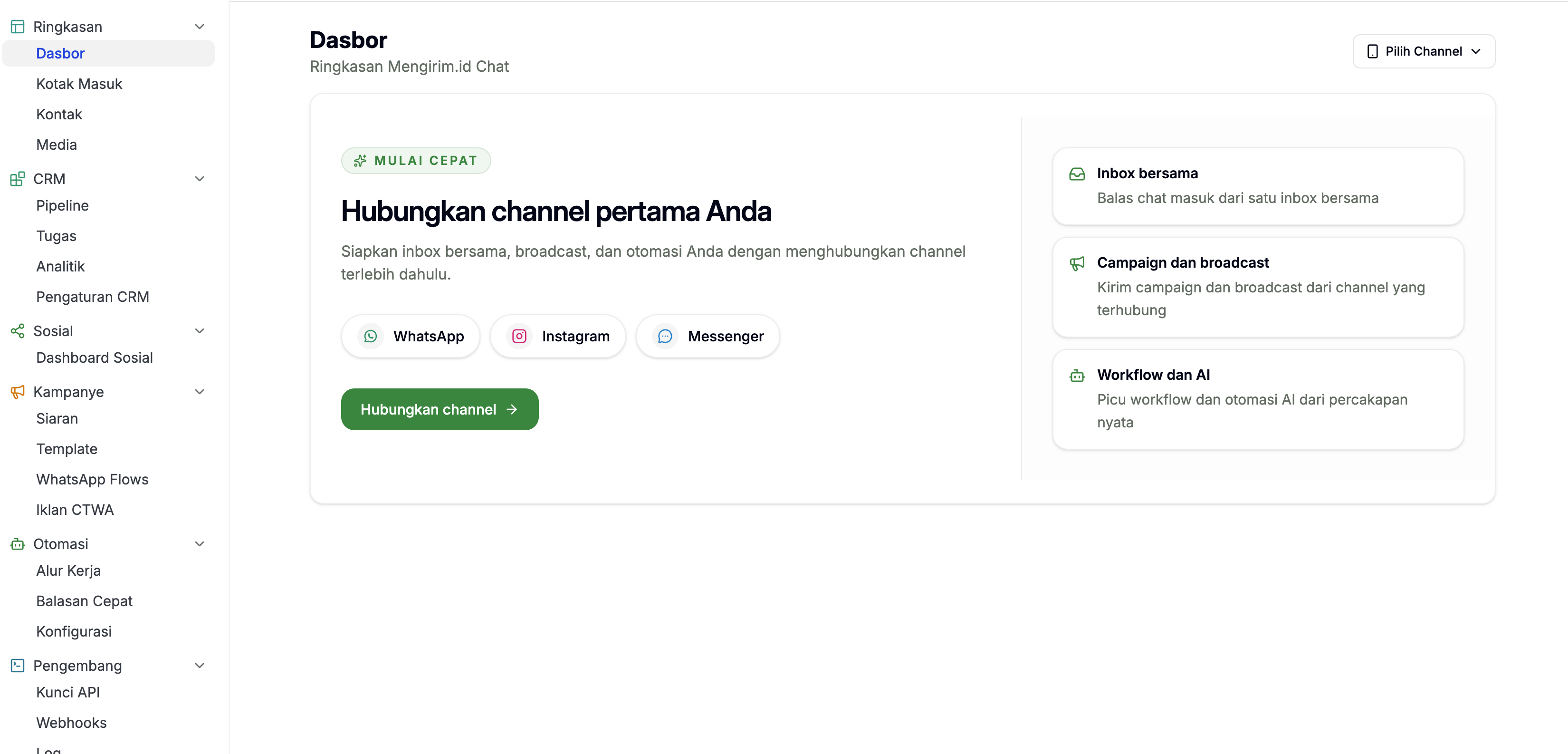 Preview dashboard mengirim.id — satu tempat untuk WhatsApp, Instagram, dan Messenger